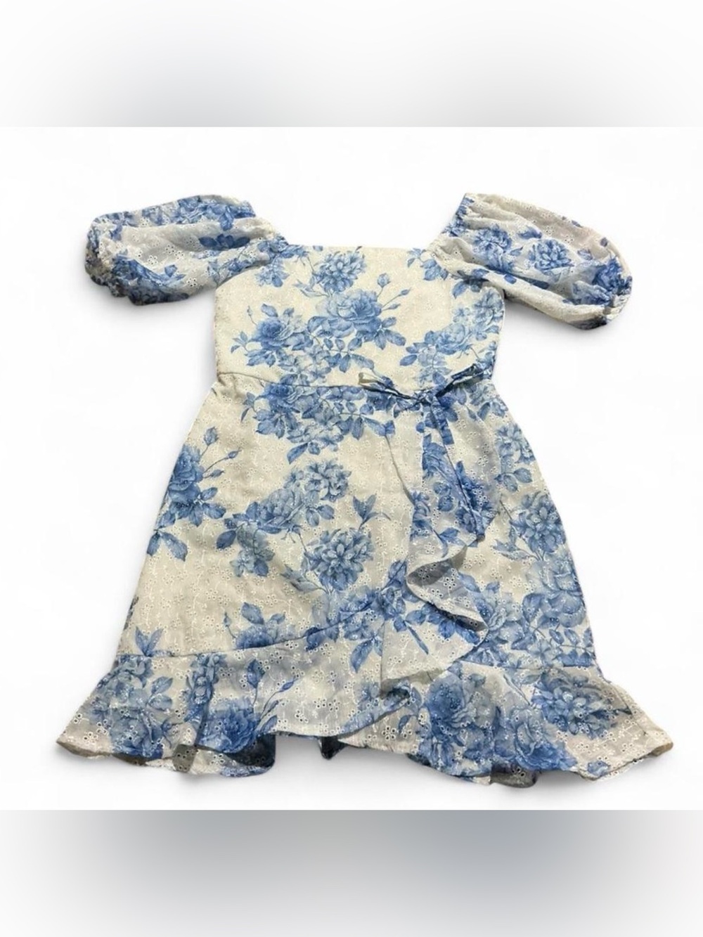 Rare Editions Blue Floral Eyelet Puff Sleeve Formal Girl Dress Sz 10 youth